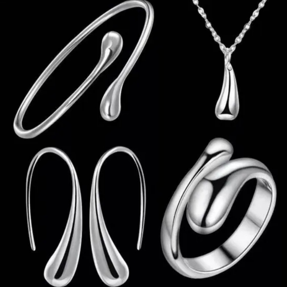925 Sterling Silver Waterdrop Jewelry Set Bracelet Necklace Earrings Ring - Picture 11 of 16